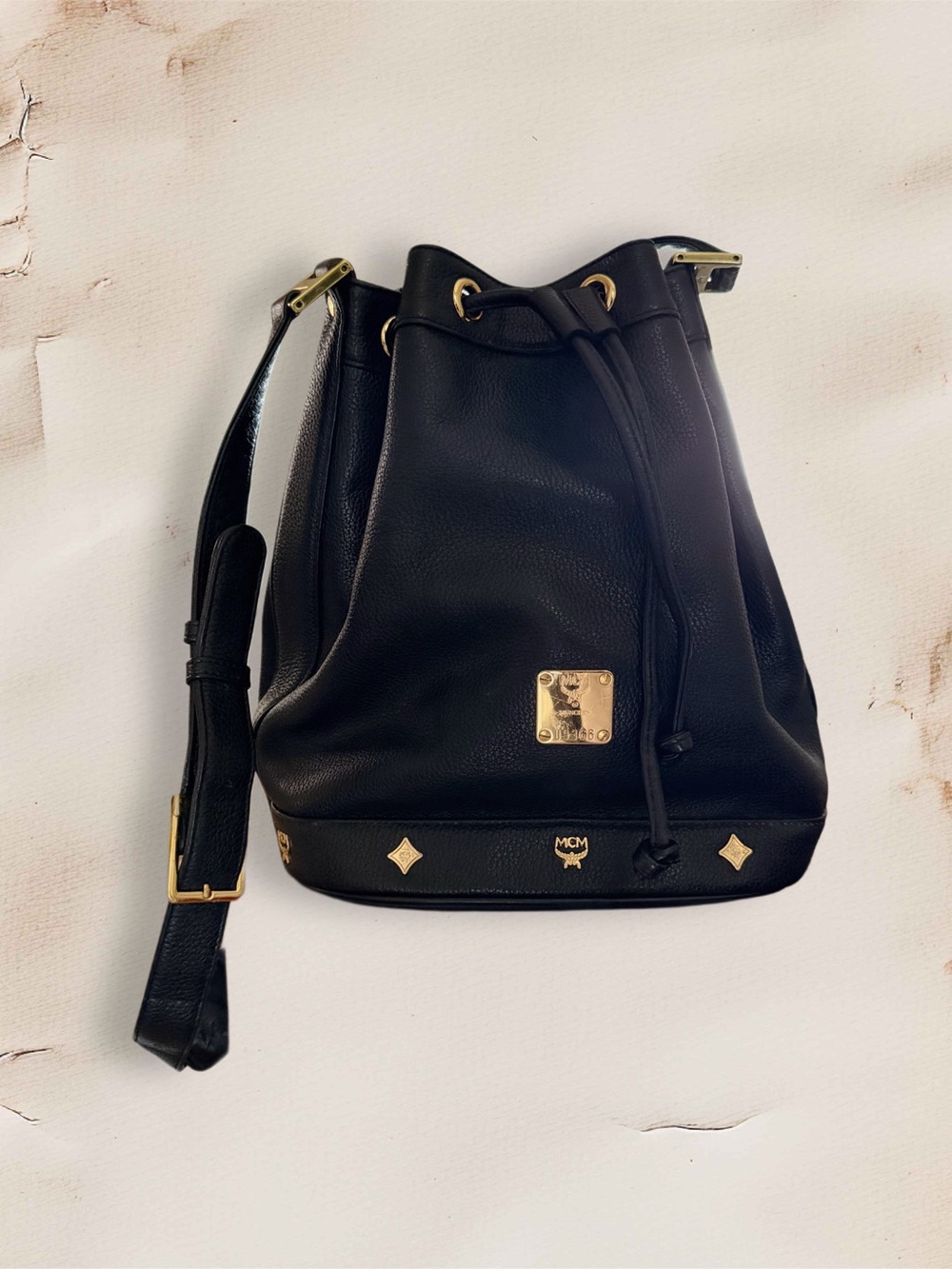 MCM Black Pebbled Leather Drawstring Shoulder Bucket Bag with Gold Hardware